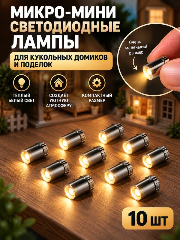 Микро-мини светодиодные лампы 10 шт для кукольных домиков и поделок — тёплый белый свет, с батарейками AG3 и клеем