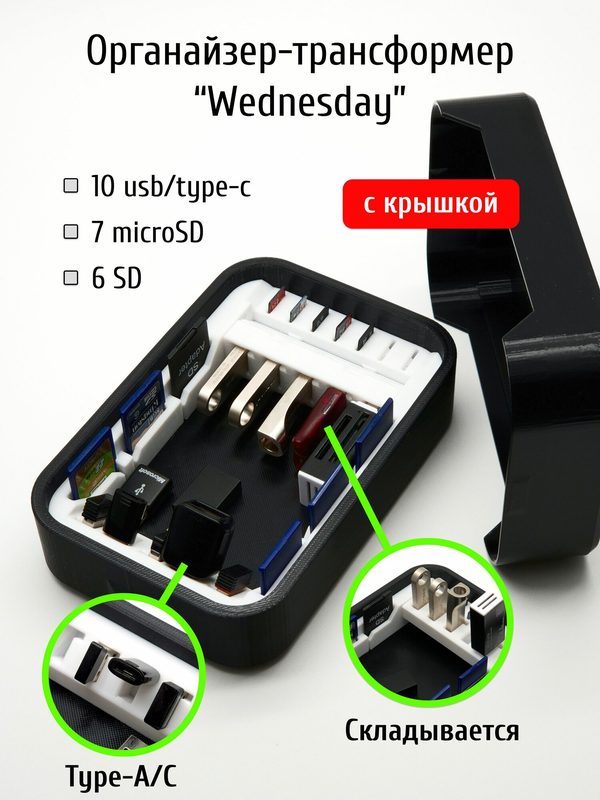 Органайзер-трансформер с крышкой Wednesday для USB, SD и MicroSD-карт