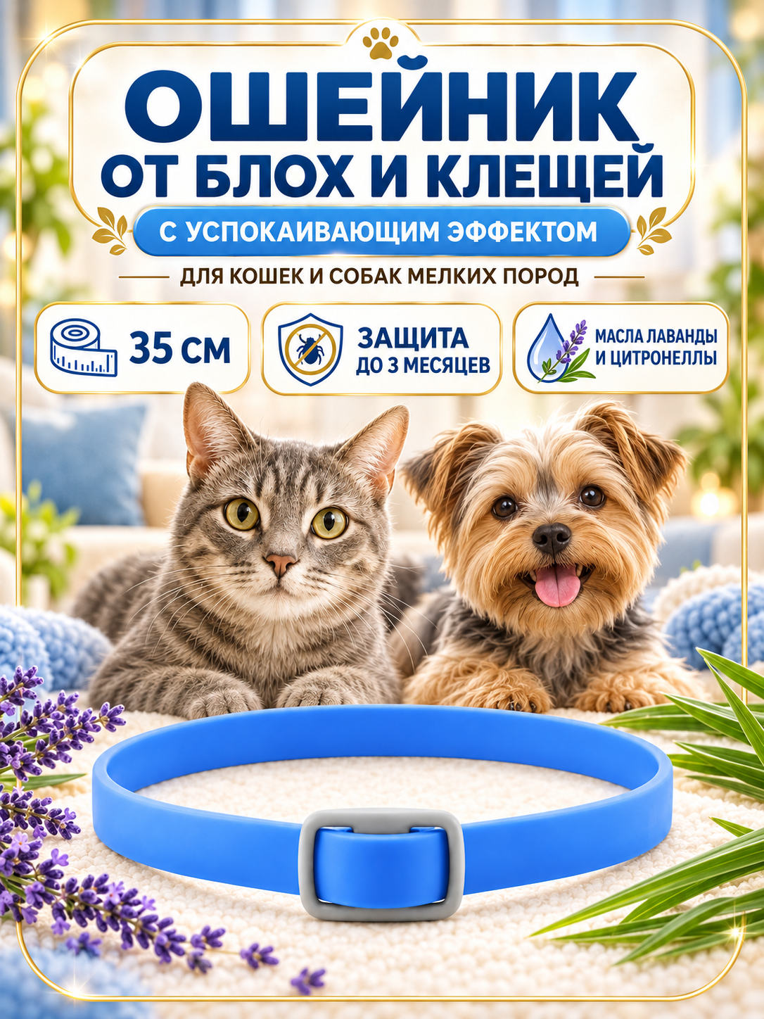 Ошейник от блох и клещей 35 см голубой для кошек и собак мелких пород с успокаивающим эффектом
