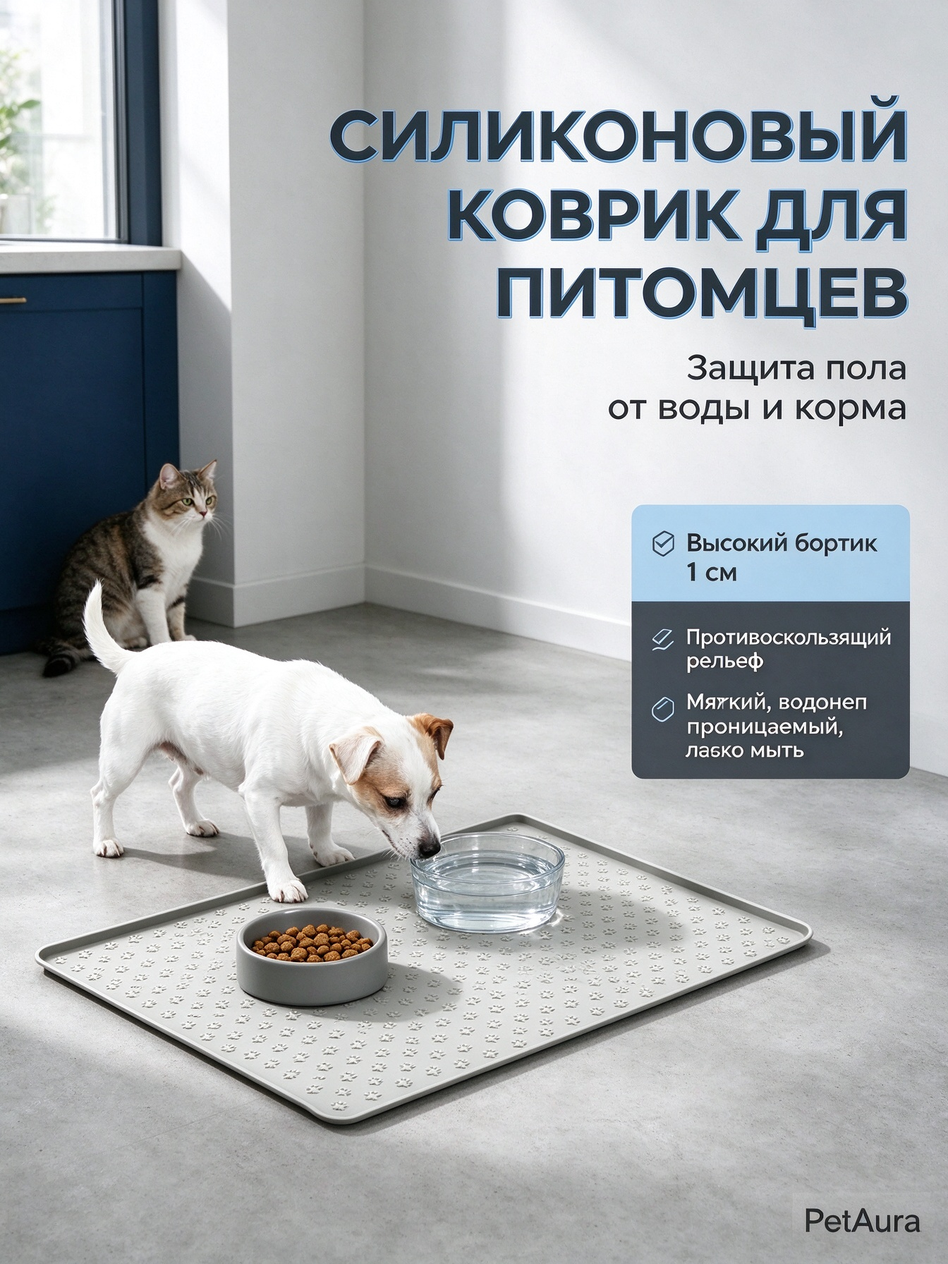 Лоток для собак под пеленку коврик силиконовый с бортиком светло-серый,48*30cm