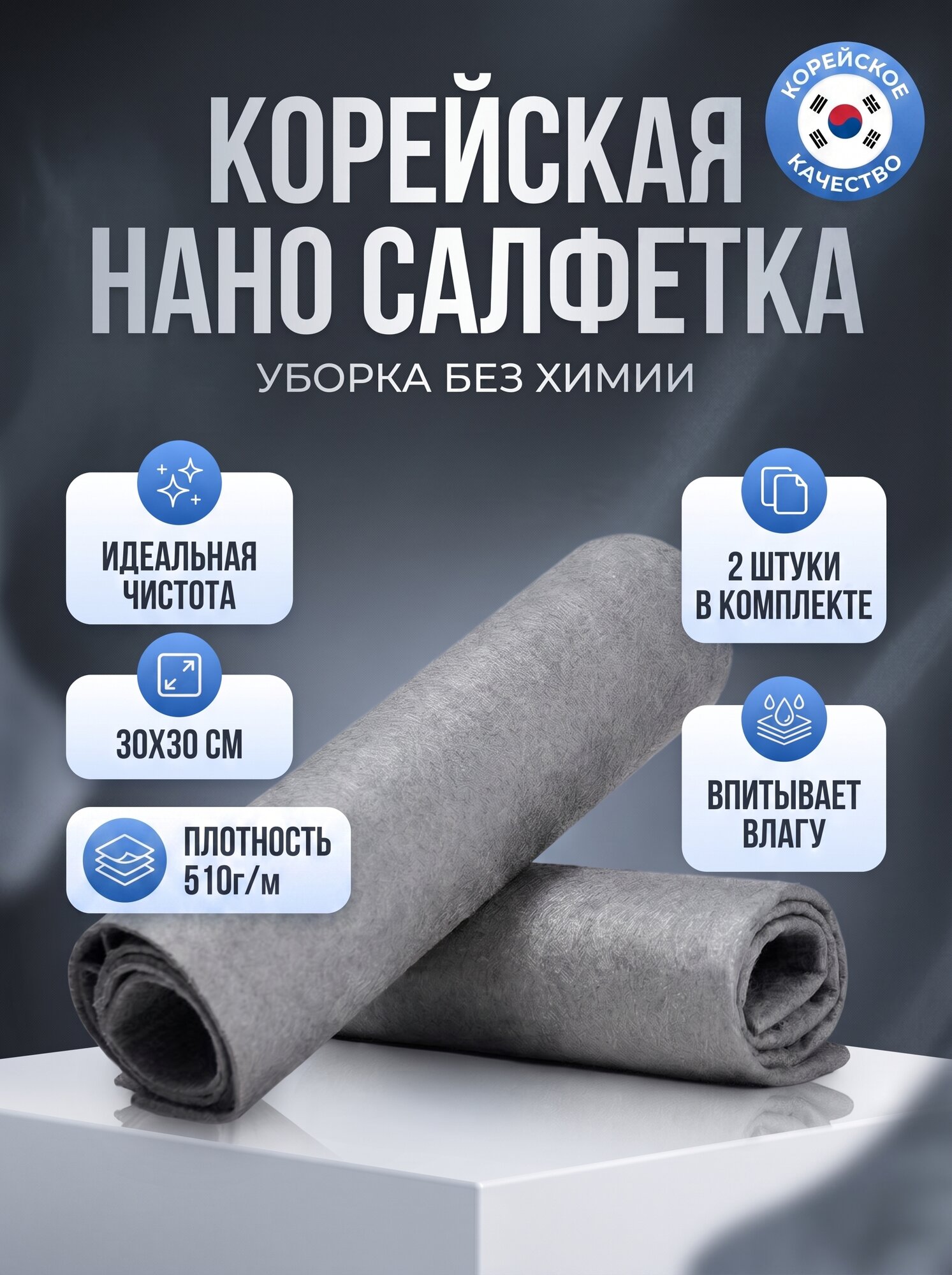 Умные Корейские салфетки для уборки, тряпки для стекол и зеркал, 2 шт 30х30