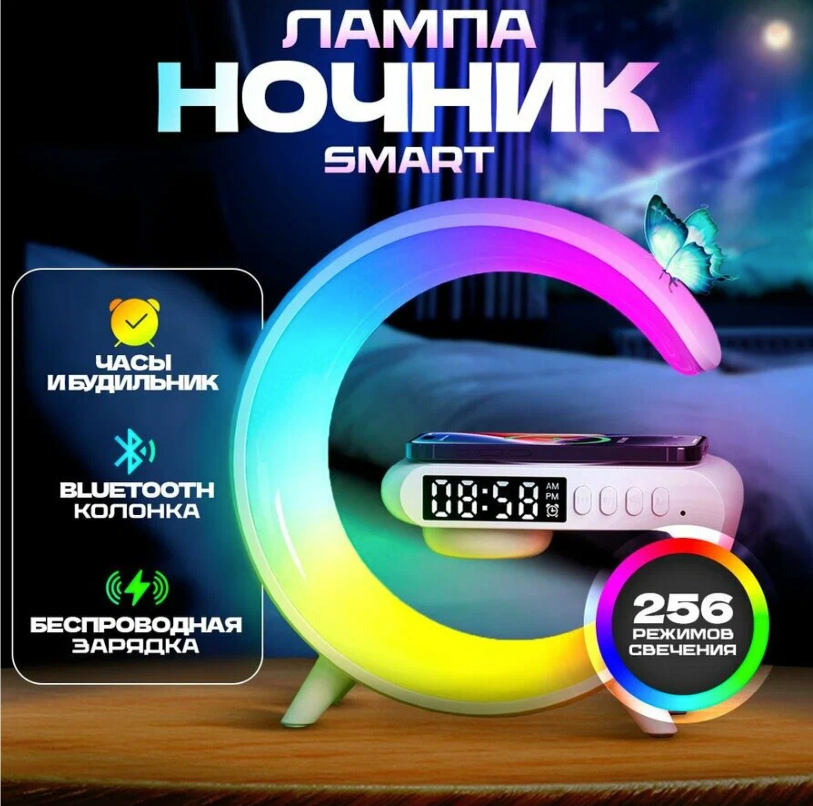 Умный ночник-светильник 3 в 1 с Bluetooth колонкой, с беспроводной зарядкой 15W и часами, RGB