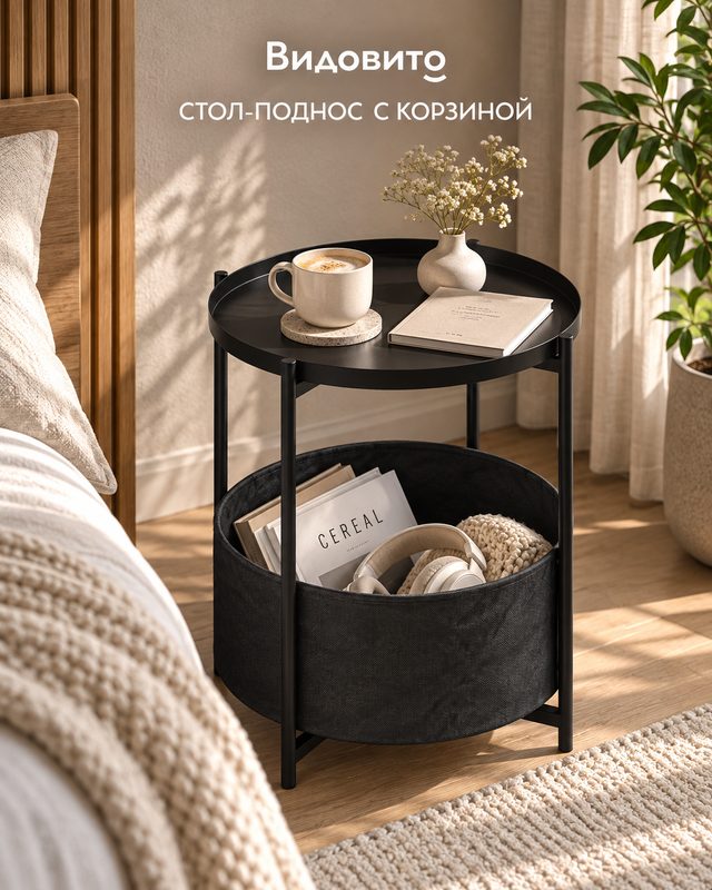 Столик журнальный Видовито со съемным подносом и корзиной, металлический, черный, 52,5х45 см