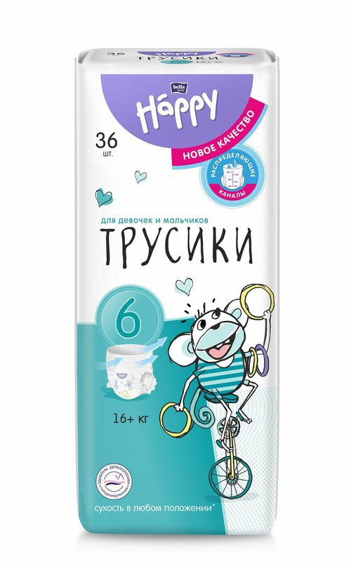 Подгузники трусики 6 размер bella baby Happy Pants, от 16 кг, по 36 шт.