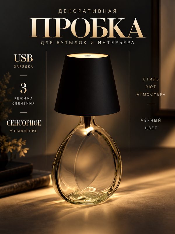 Лампа-светильник для бутылки "Торшер", пробка для бутылки, LED, сенсорное управление, 3 режима свечения
