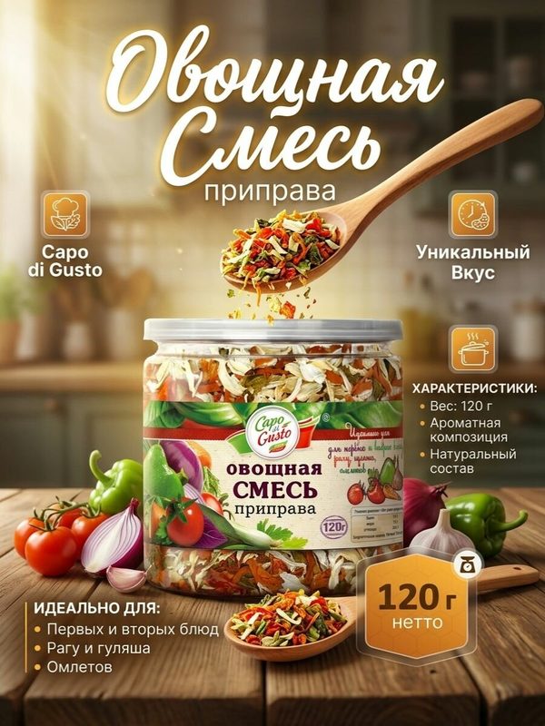 Овощная смесь с Болгарским Перцем Capo di Gusto натуральная сушеная без соли и сахара, 120г Заправка для супа, рагу, омлетов.