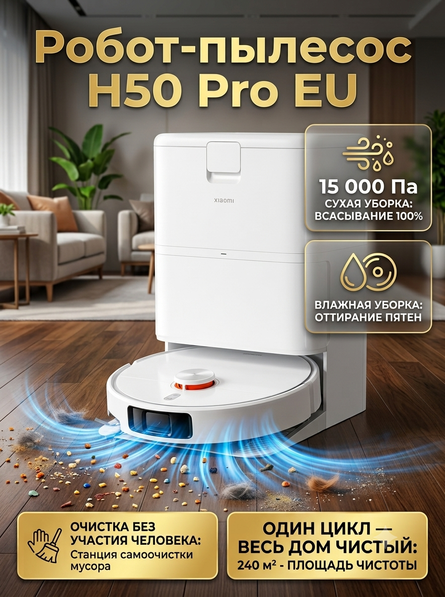 Робот-пылесос Xiaomi Robot Vacuum H50 Pro, со станцией самоочистки, сухая и влажная уборка, белый (BHR089NEU)
