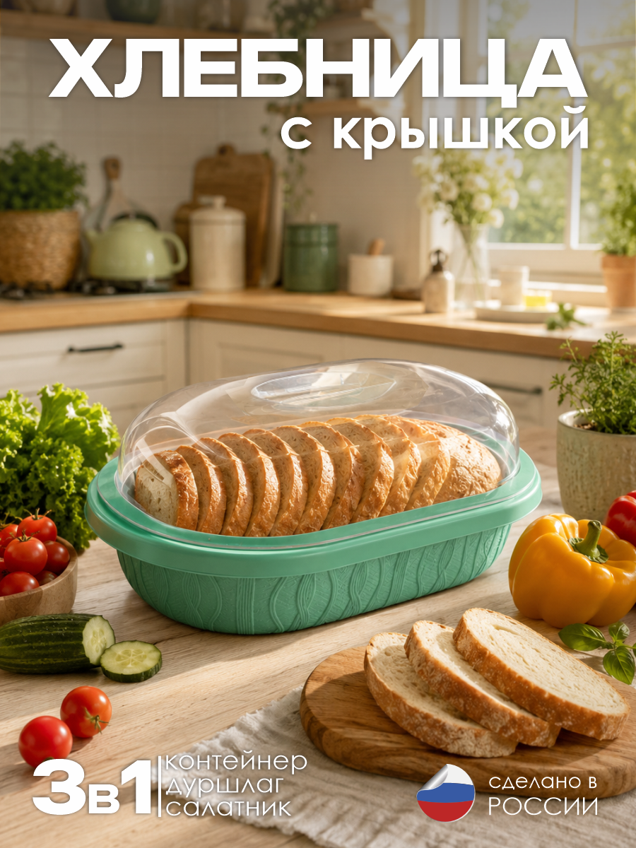 Хлебница "Умница" цвет Мятный, размер 30*21*13 см, модель 3 в 1