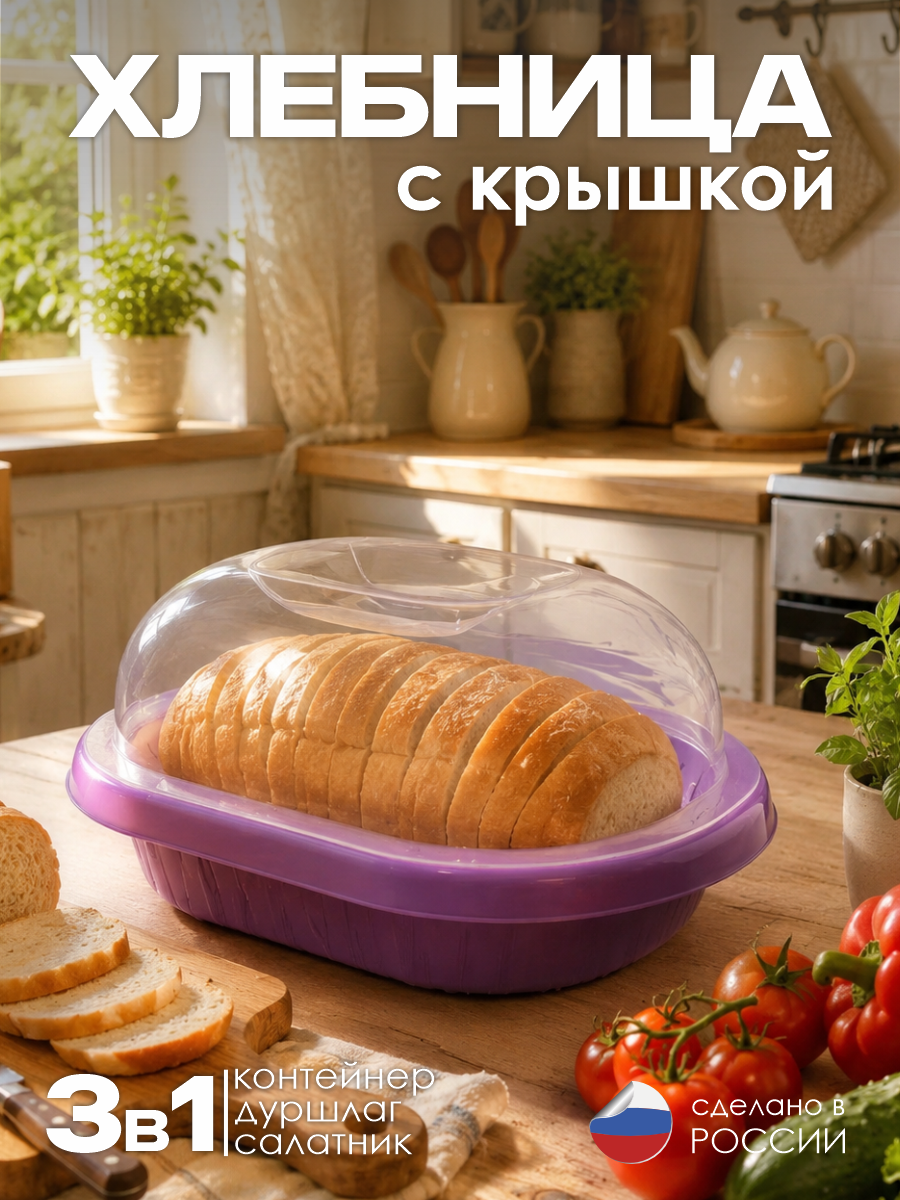 Хлебница "Умница" цвет Сиреневый, размер 30*21*13 см, модель 3 в 1