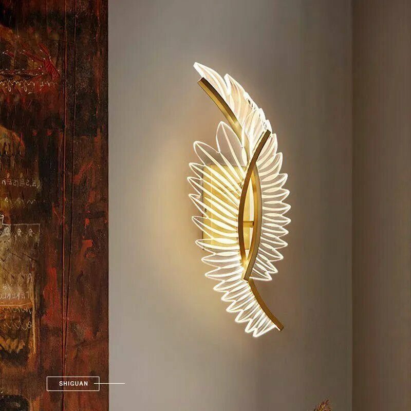 Бра, LED, Светодиодная настенная лампа в виде пера, золотистая, 50×20 см