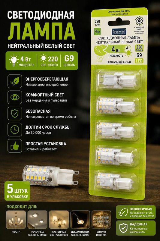 Светодиодная лампочка G9 General LED 4 Вт 220В, капсульная, набор 5 шт.