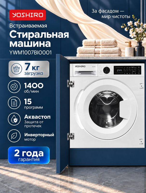 Стиральная машина автомат встраиваемая Yoshiro YWM1007BI0001, 7 кг, 15 программ, 1400 об/мин, инвертор, белая