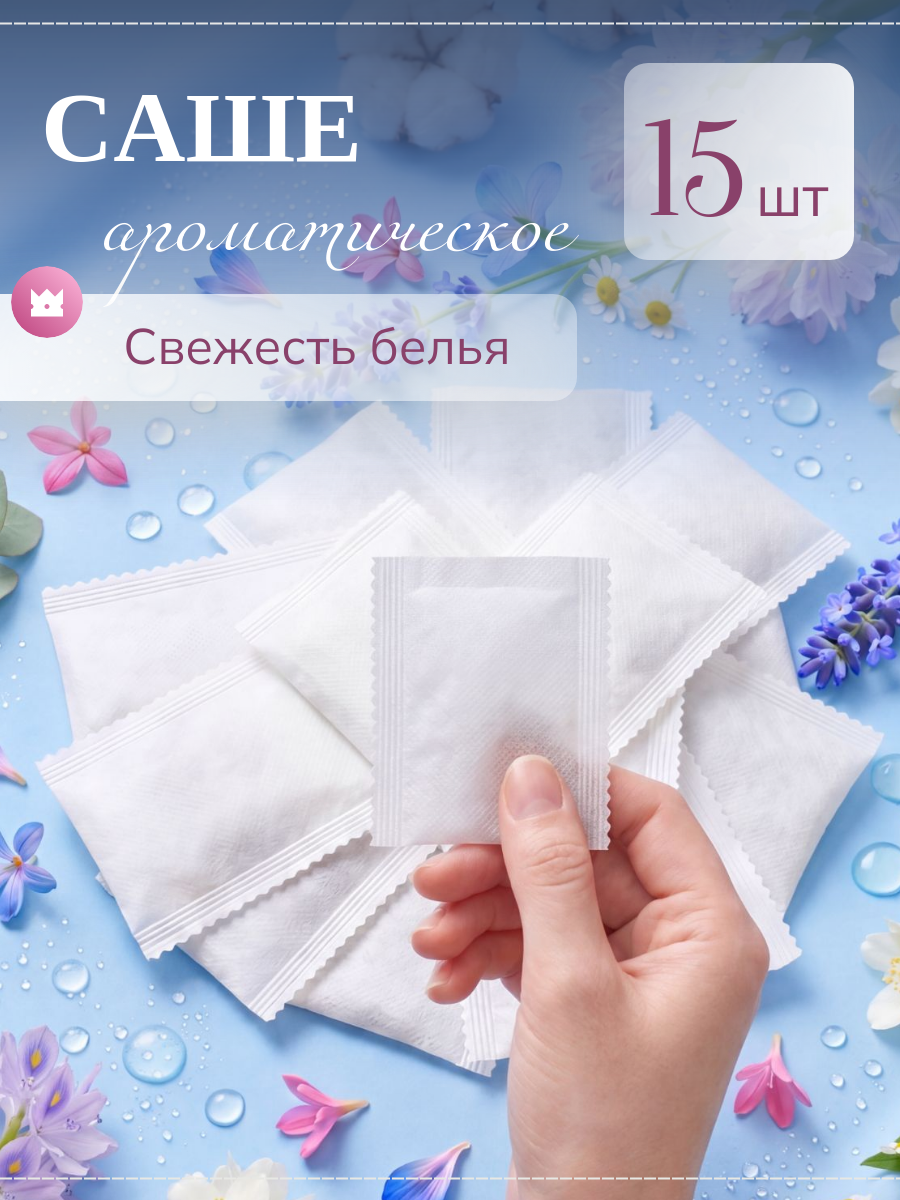 Саше для шкафа и белья ароматическое в мешочках, аромасаше POCHERK, аромат чистоты и свежести, 15 саше
