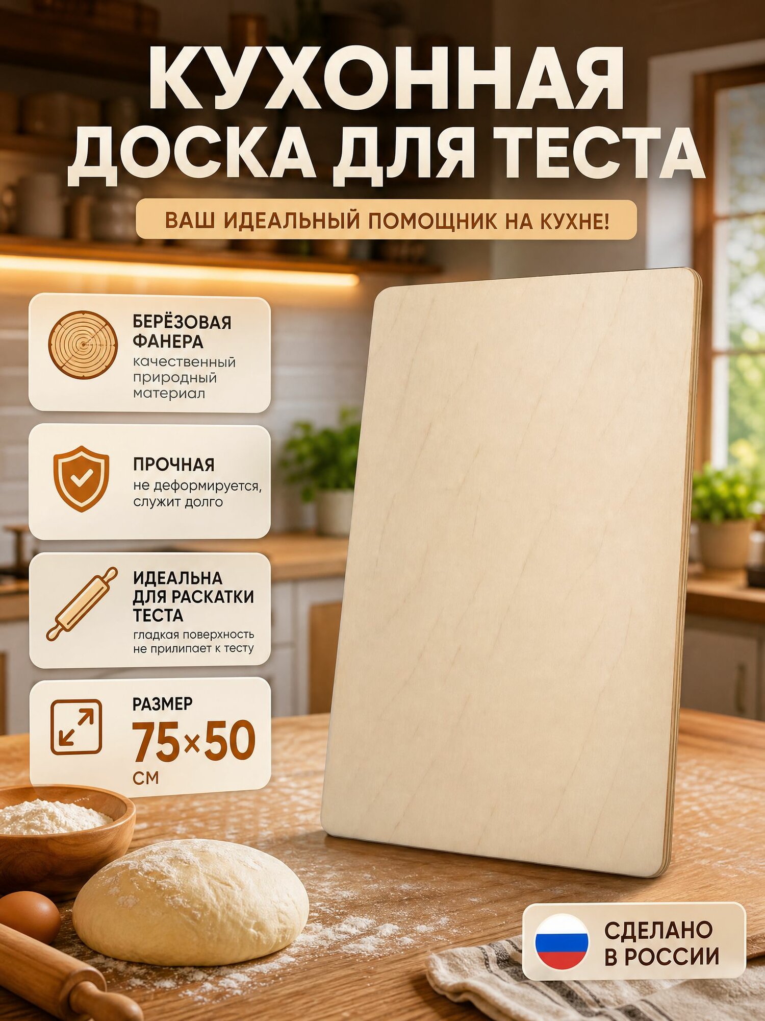 Доска разделочная деревянная 75х50 см, доска для раскатки теста большая