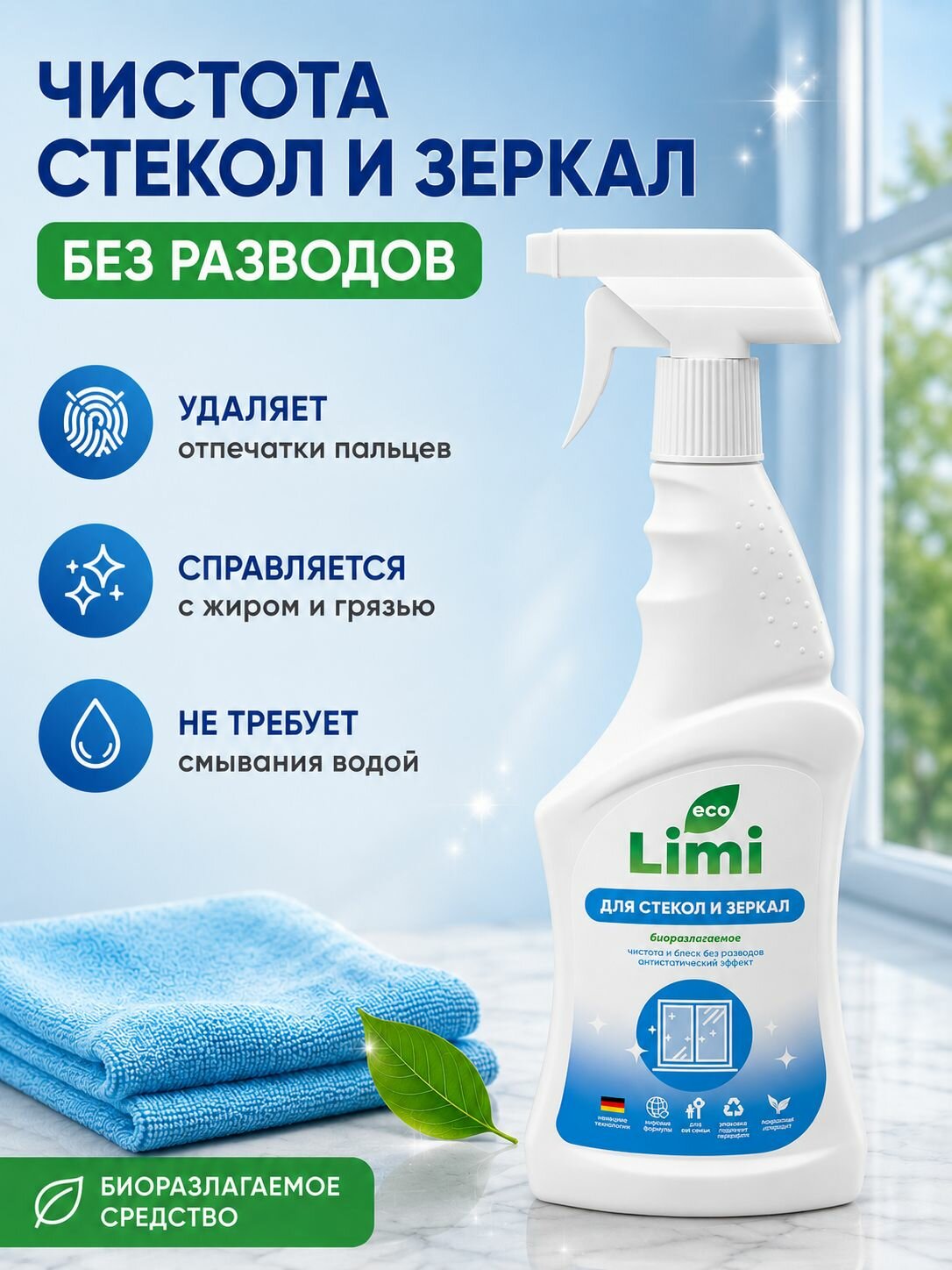 Средство для мытья стекол и зеркал Limi для хромированных и пластиковых поверхностей, 500 мл