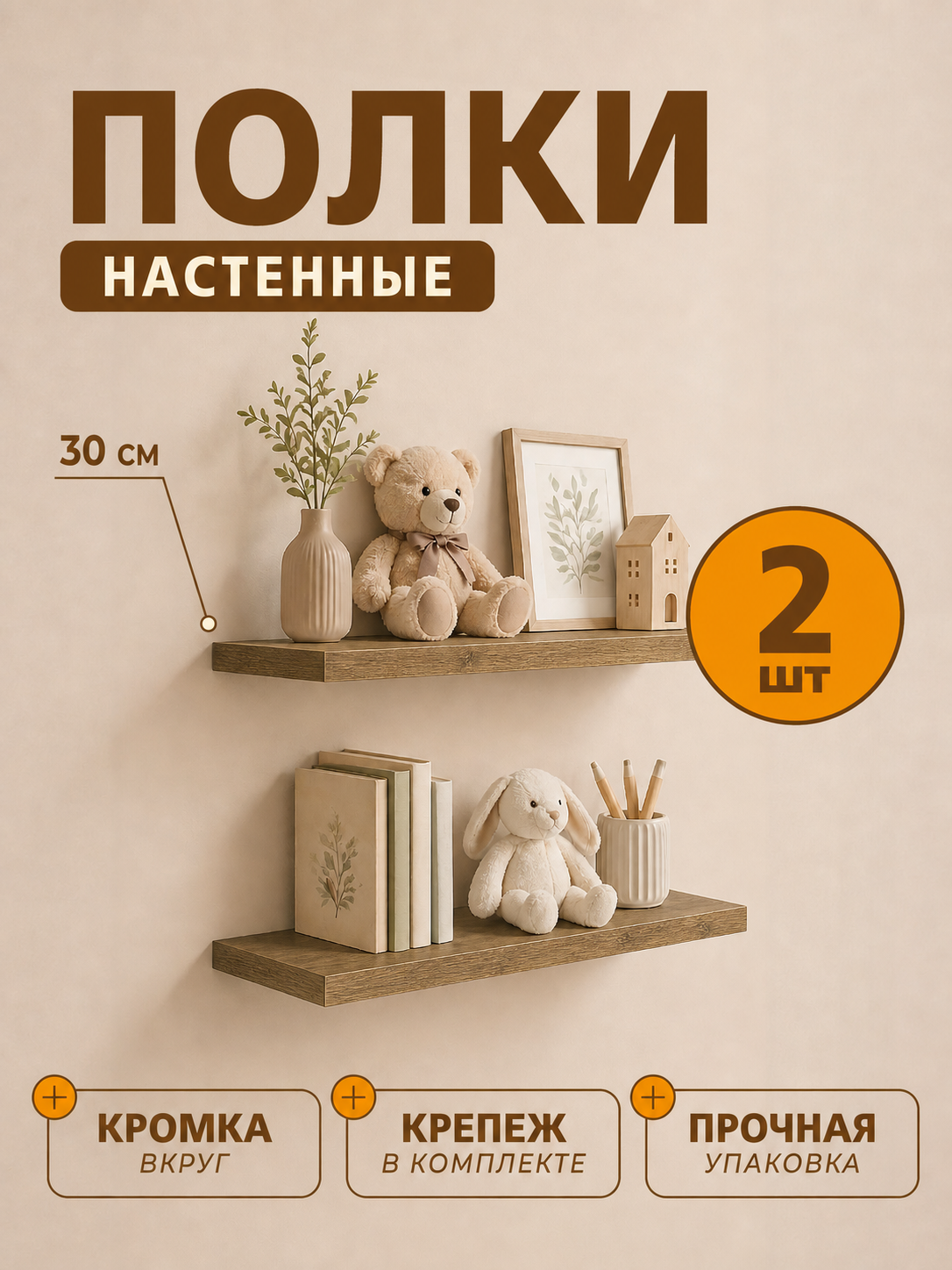 Полка настенная парящая 300х120 (2 шт) коричневый
