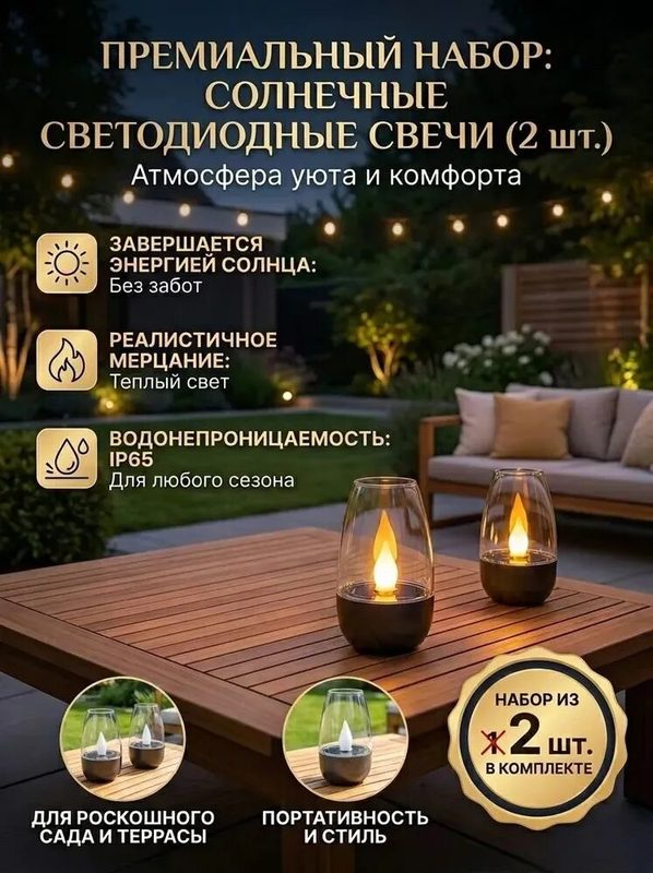 Набор уличных светильников свечи на солнечной батарее для сада и террасы 2 шт