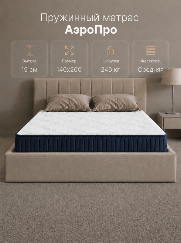 Матрас Пора Спать АэроПро, анатомический, двуспальный, независимые пружины, 140х200х19 см