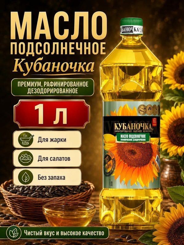 Масло подсолнечное Рафинированное дезодорированное 1 л, для жарки, салата и выпечки