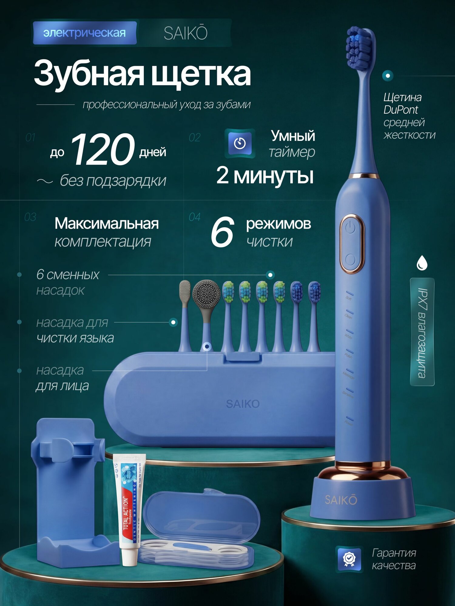 Электрическая звуковая зубная щетка SAIKO с 8 насадками и дорожным кейсом, синяя