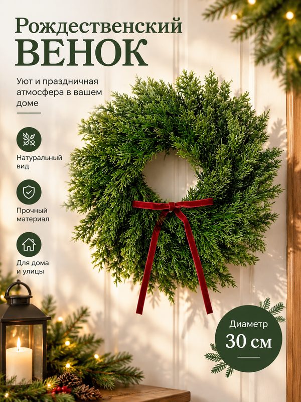 Новогодний венок диаметром 30 см, праздничное украшение на дверь, 1 штука