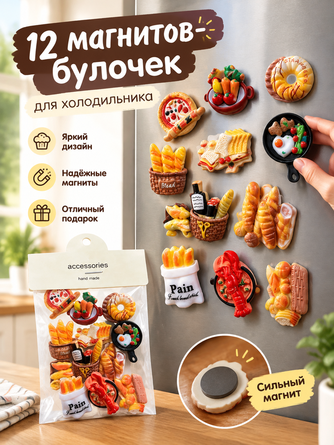 Набор декоративных магнитов-булочек для холодильника, 12 штук, магниты для заметок