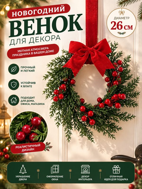 Рождественский венок с бантом, 26 см х 26 см