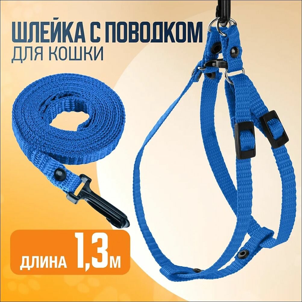 Шлейка с поводком для кошки, быстросъемная. Длина поводка 1,3м. Синий