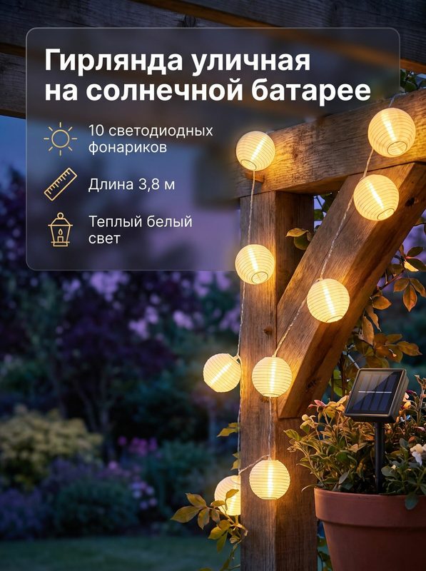 Садовая гирлянда Decobraz, "Китайские фонарики" на солнечной батареи