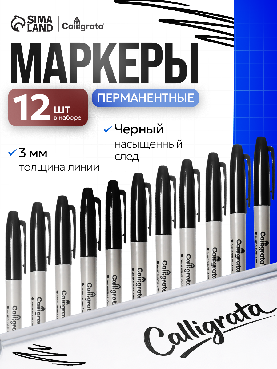 Набор маркеров перманентных Calligrata 12 штук, 3.0 мм, чёрный