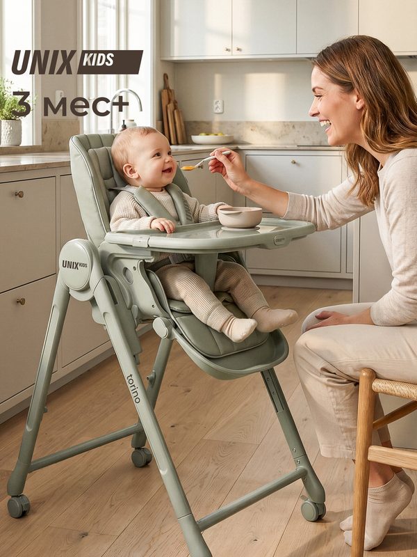 Стульчик для кормления детский UNIX Kids Torino стульчик - шезлонг для детей до 25 кг, 4 поворотных колеса, оливковый