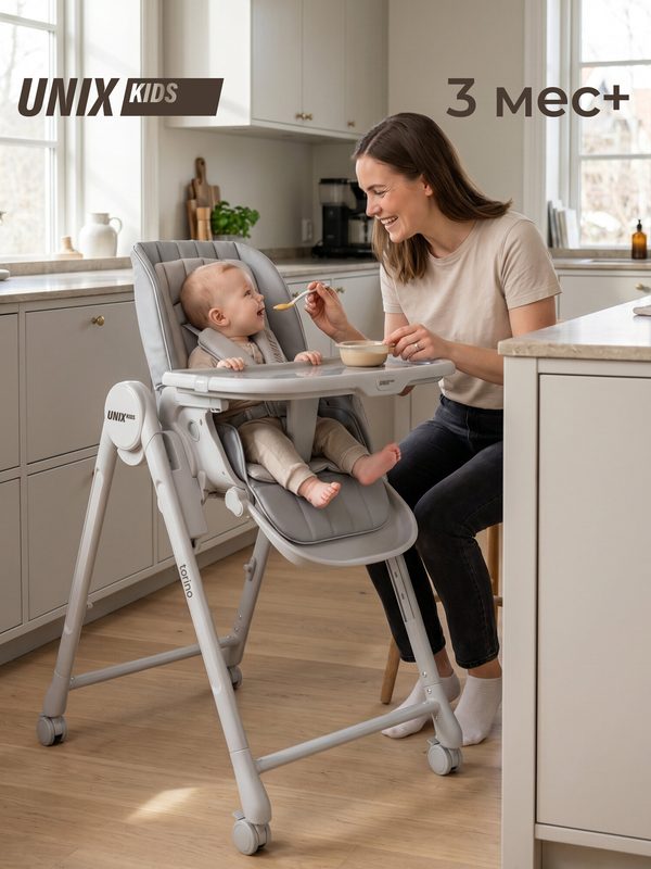 Стульчик для кормления детский UNIX Kids Torino стульчик - шезлонг для детей до 25 кг, 4 поворотных колеса, светло серый