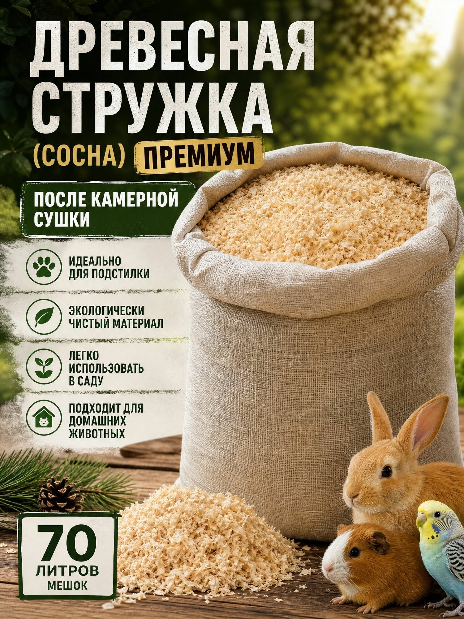 Опилки древесные , сухие, хвойные, премиум. (камерная сушка) 70литров мешок