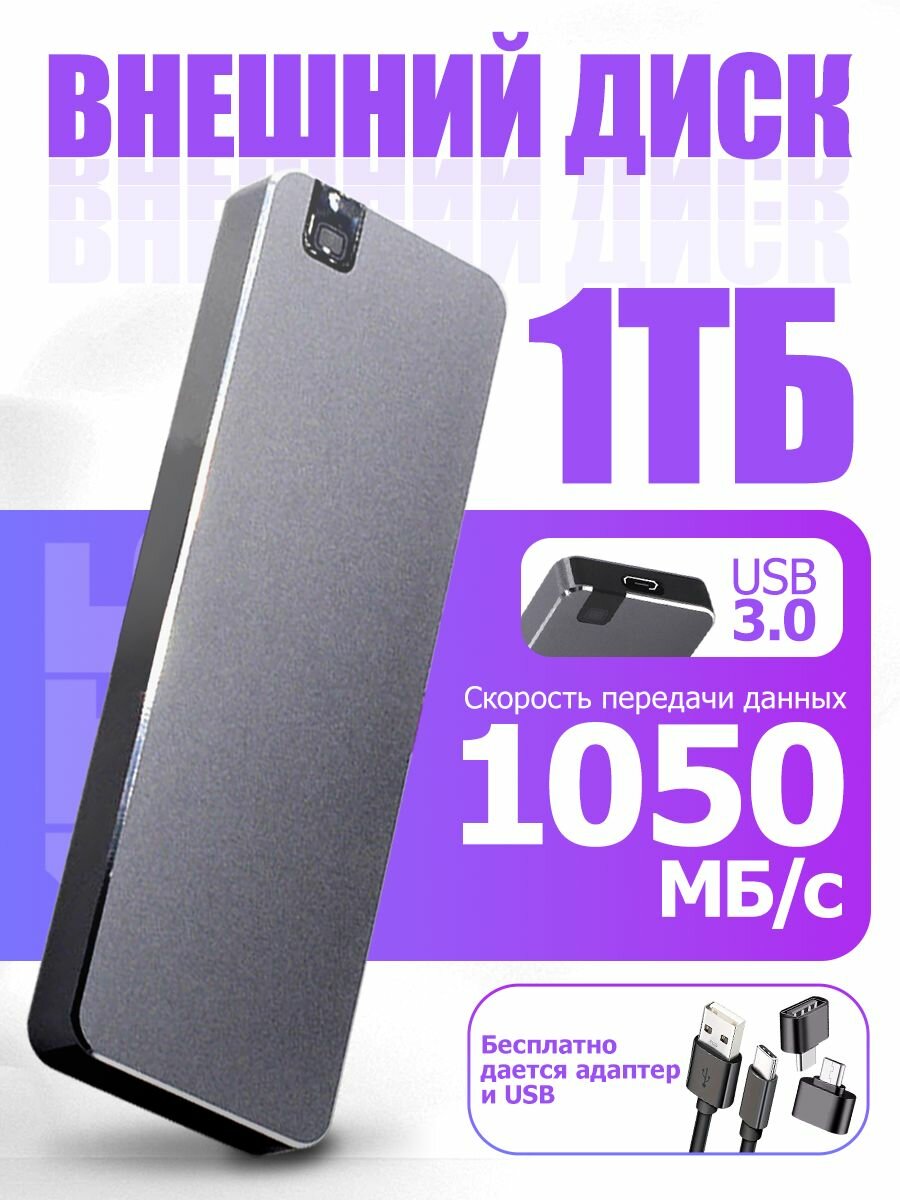 Внешний SSD-накопитель 1 ТБ, компактный и быстрый для дома и офиса, чёрный цвет, USB подключение