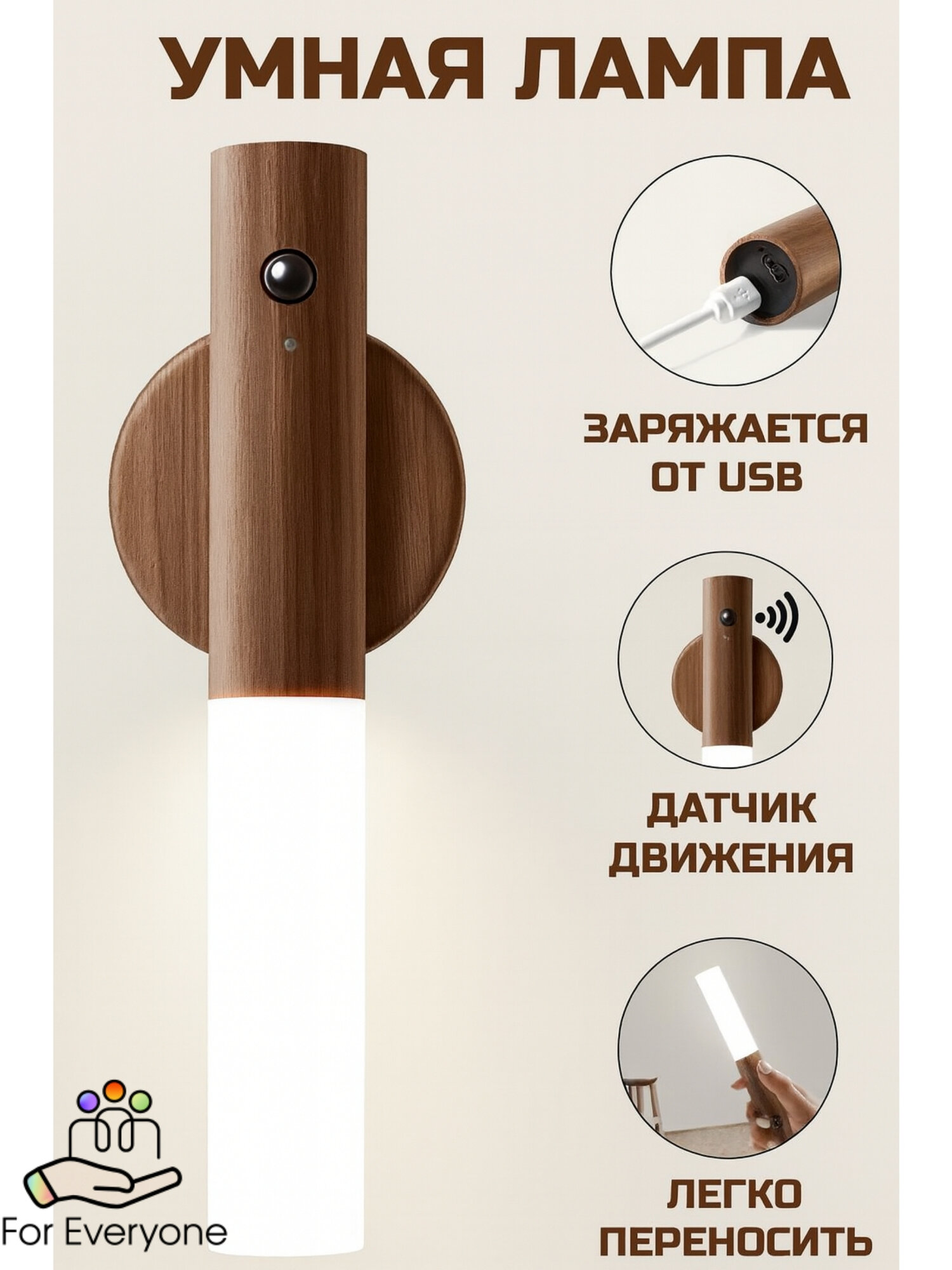 Беспроводной умный светильник с датчиком движения и аккумулятором, ночник для дома и дачи, коричневый