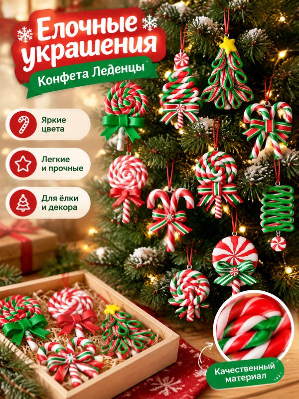 Елочные украшения подвески Конфета Леденцы, новогодний рождественский декор для елки