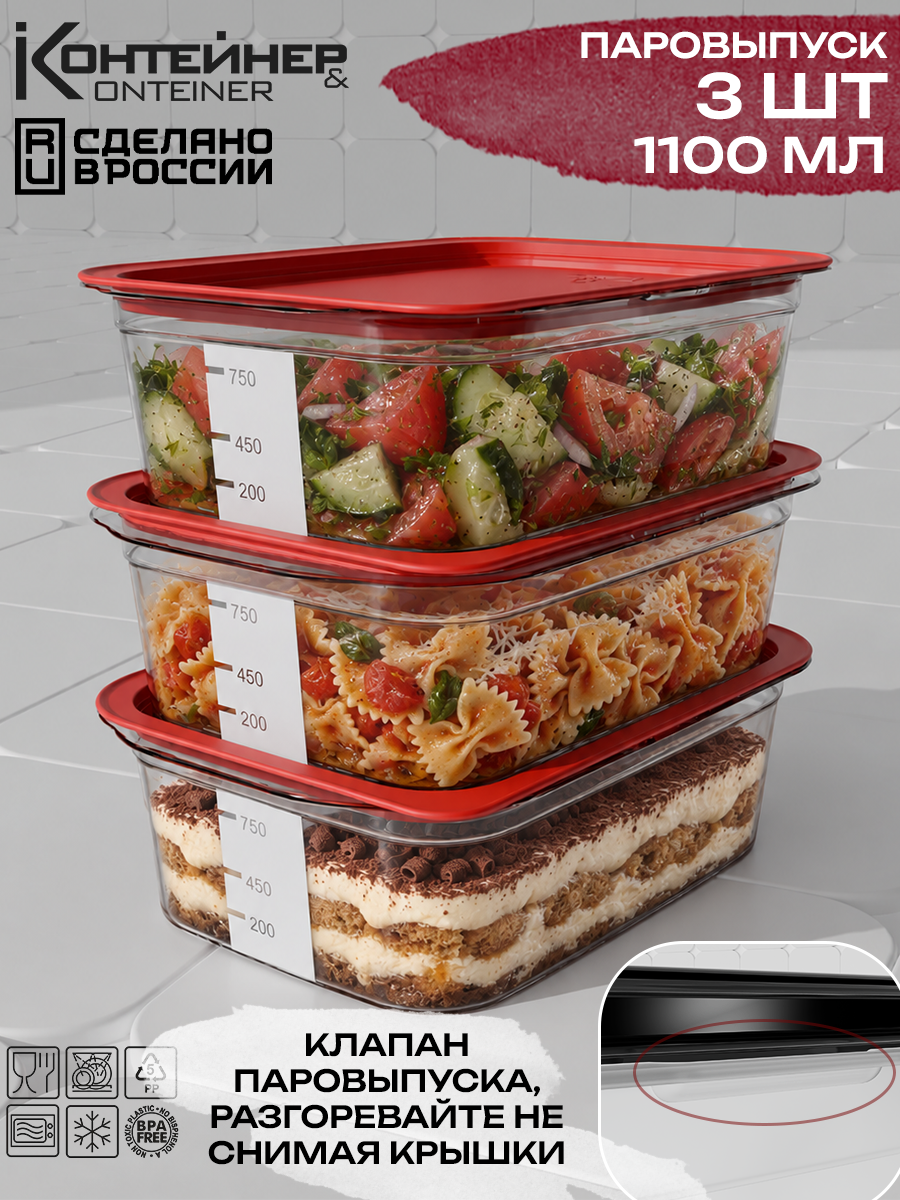 Набор пластиковых контейнеров для еды с паровыпуском Контейнер & Container, 3шт