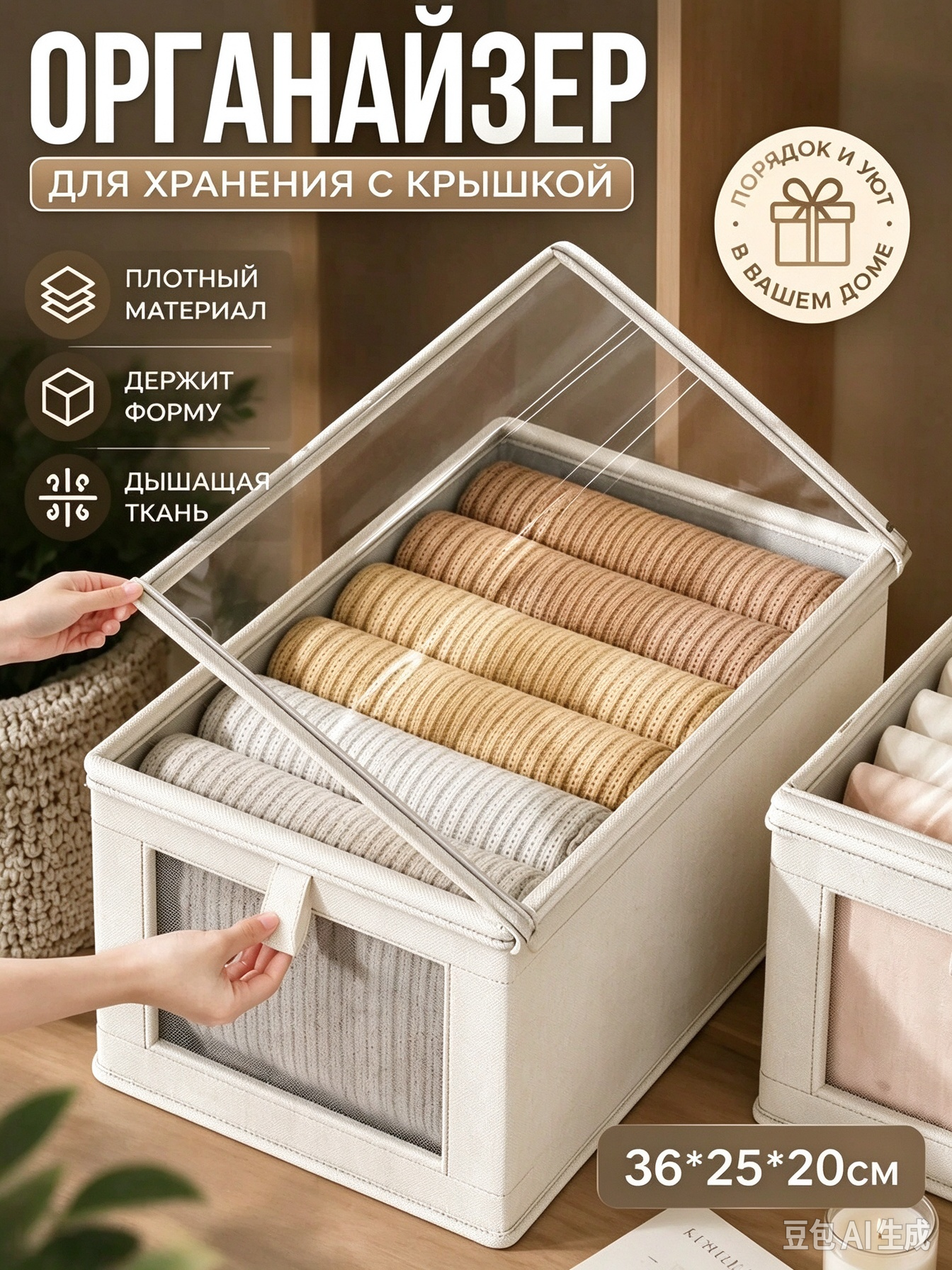 Органайзер для одежды и белья 36х25х20 см, тканевой бежевый, 1 шт