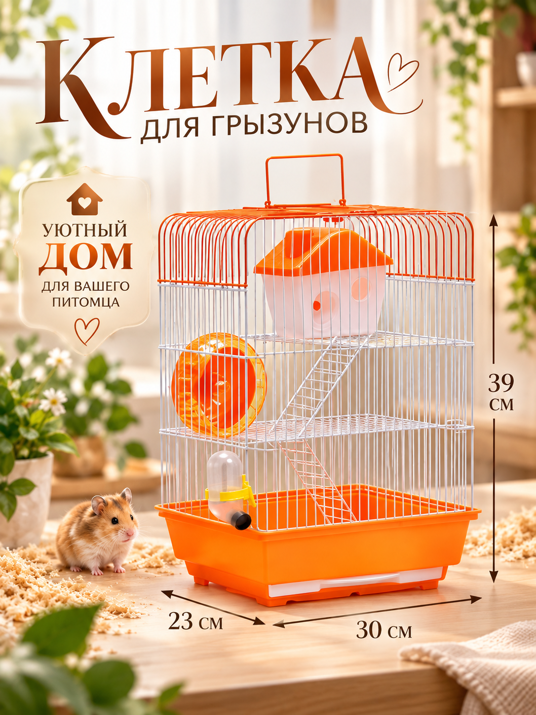 Клетка для грызунов с наполнением RT-3, 30 х 23 х 39 см, оранжевая