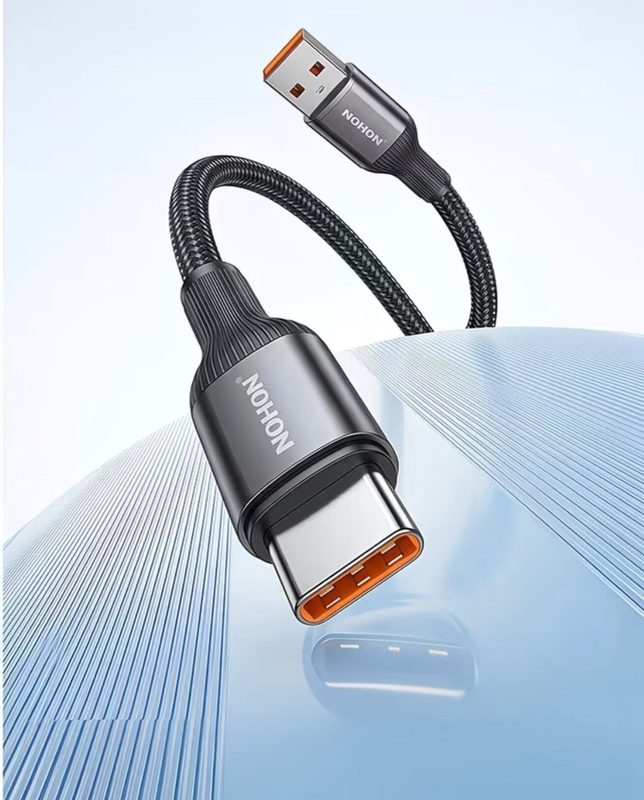 Кабель USB‑A на Type‑C NOHON 6А супербыстрая зарядка, нейлоновая оплетка OD4.0, чёрный, комплект 2 штуки, 1.5 м