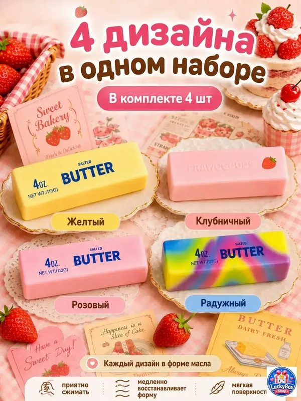 Набор сквишей-антистресс в форме бруска масла 4 штуки, мягкая игрушка для снятия напряжения, компактный размер 14х4х4 см, для детей и взрослых сквиши антистресс набор для снятия стресса
