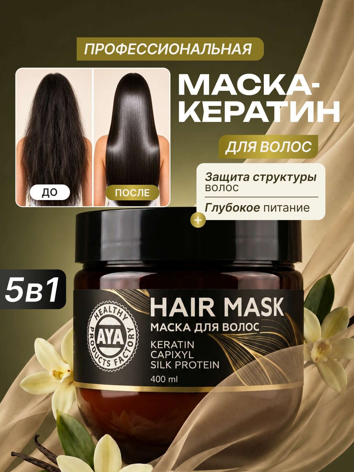 Маска для волос с кератином, капиксилом и протеинами шелка для укрепления и роста волос