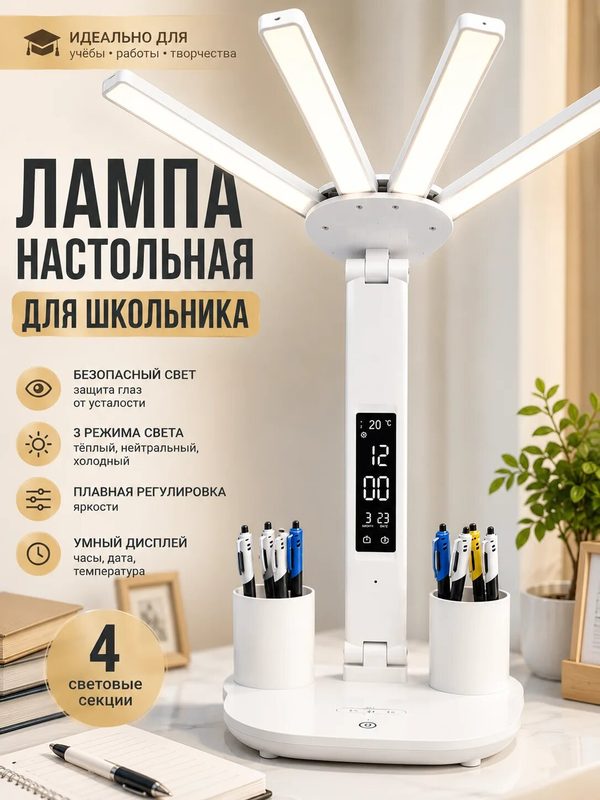 Лампа настольная для школьника светодиодная, 4 секции, сенсорная, с часами и органайзером