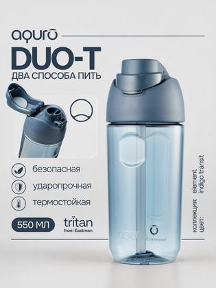 Спортивная бутылка для воды с трубочкой AQURO, тритановая, 550 мл, синяя прозрачная