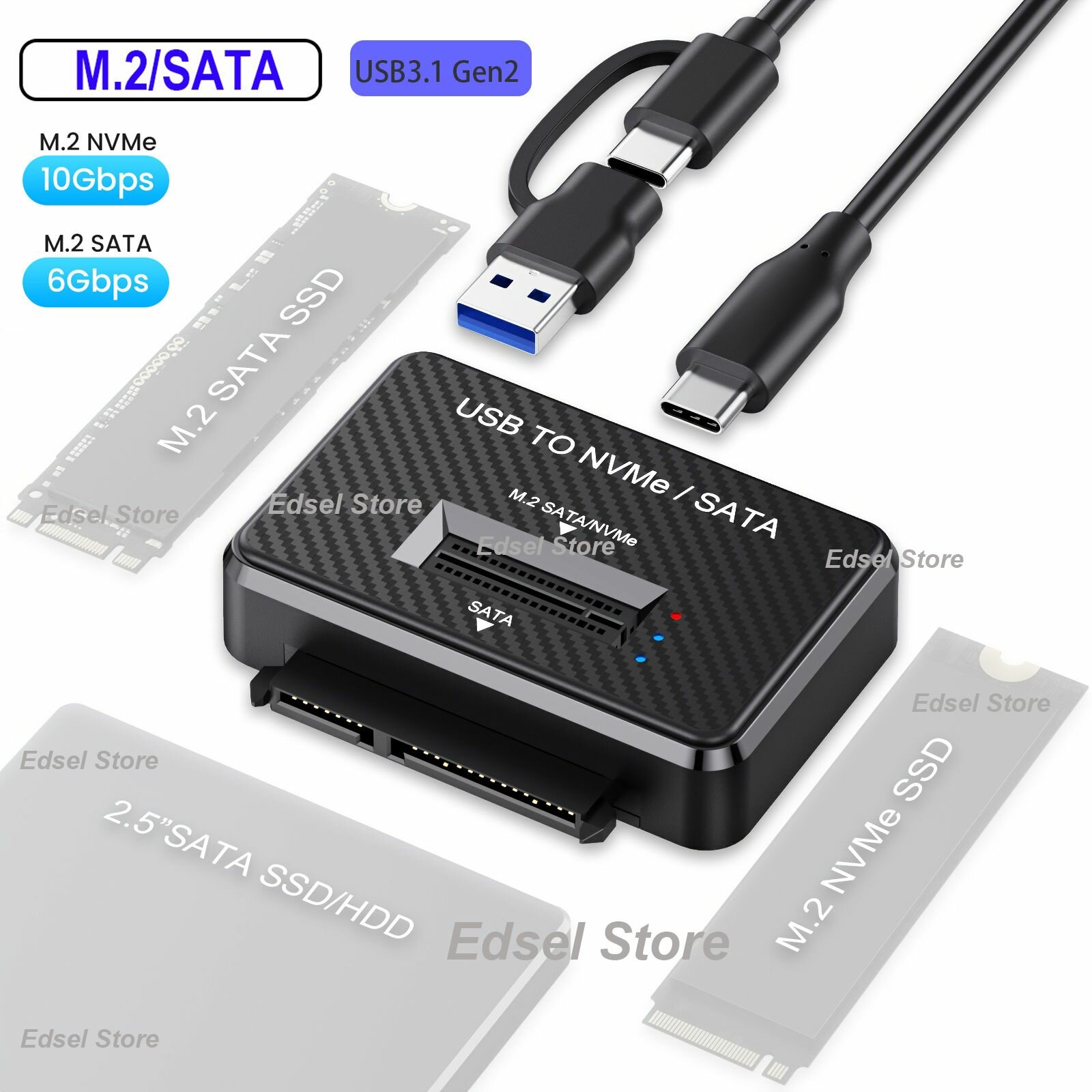 M2 SATA NVMe к USB 3.1 Адаптер для подключения 2,5-дюймовых SATA SSD-накопителей со скоростью 10 Гбит/с напрямую к док-станции для SSD-накопителей M2 2230, 2242, 2280, 22110. переходник M2 SSD USB 3.1 внешний адаптер M2