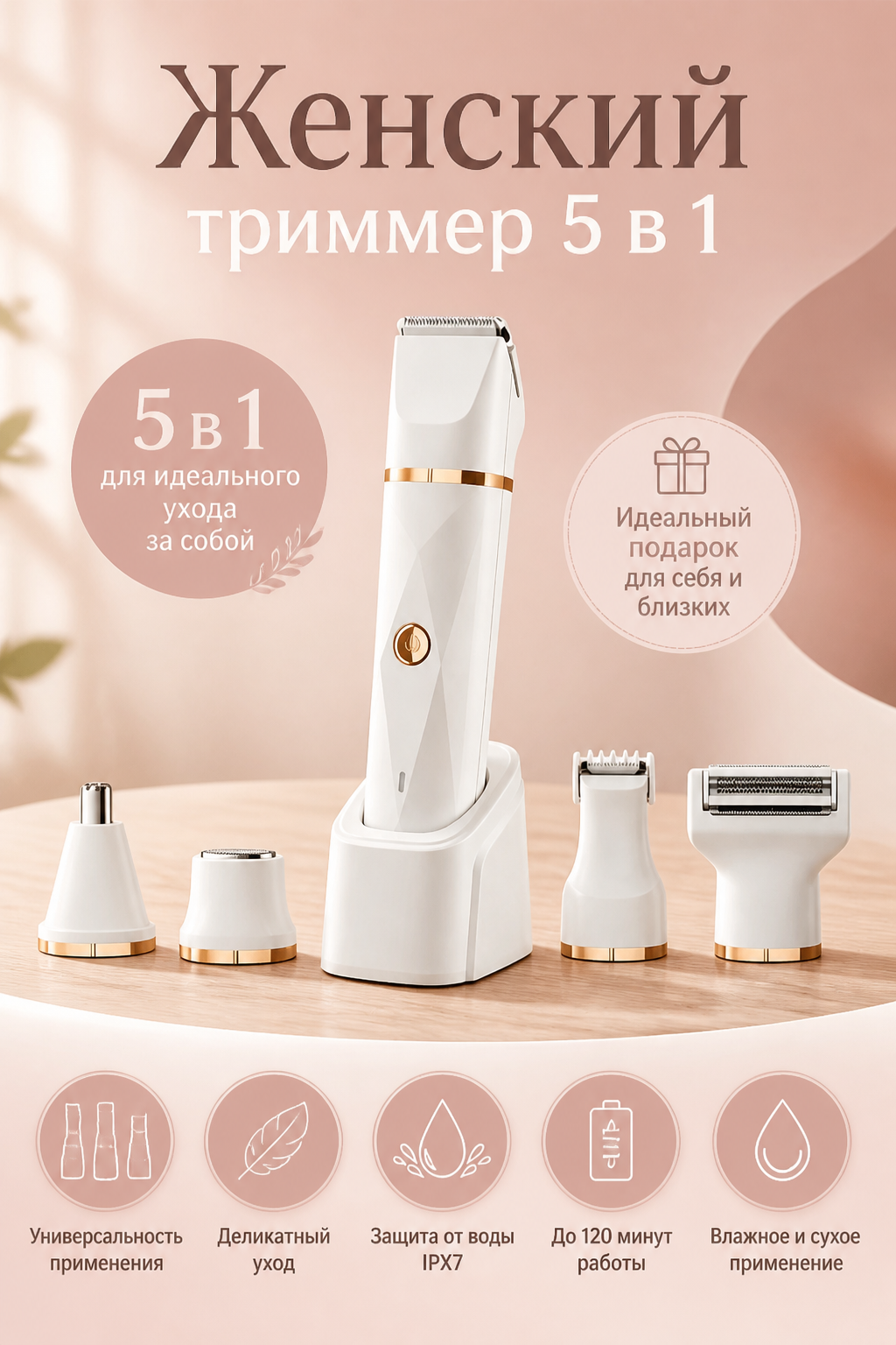 Триммер женский универсальный для тела и лица и деликатных зон 5 в 1