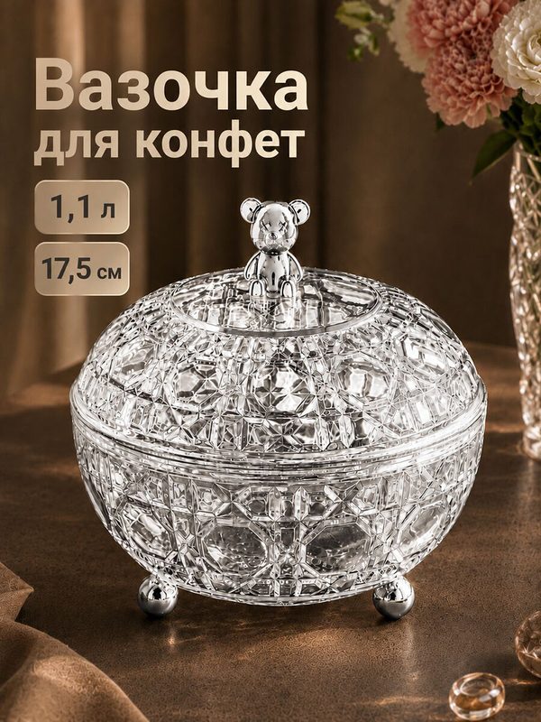 Вазочка для конфет, конфетница 1,1 л Elan Gallery, 17,5х17,5х15,5 см с крышкой, акрил