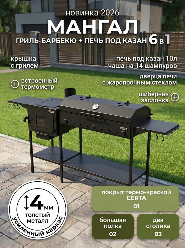 Мангал гриль - барбекю 6 В 1 на 14 шампуров из 4 мм стали c печкой для казана, с крышкой - барбекю, 2 боковыми столиками, 2 полочками (шампуры в комплекте не идут)