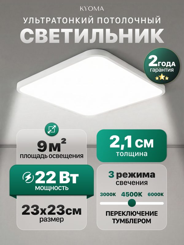 Люстра потолочная светодиодная на кухню, спальню и гостиную, белая , квадратная 23см