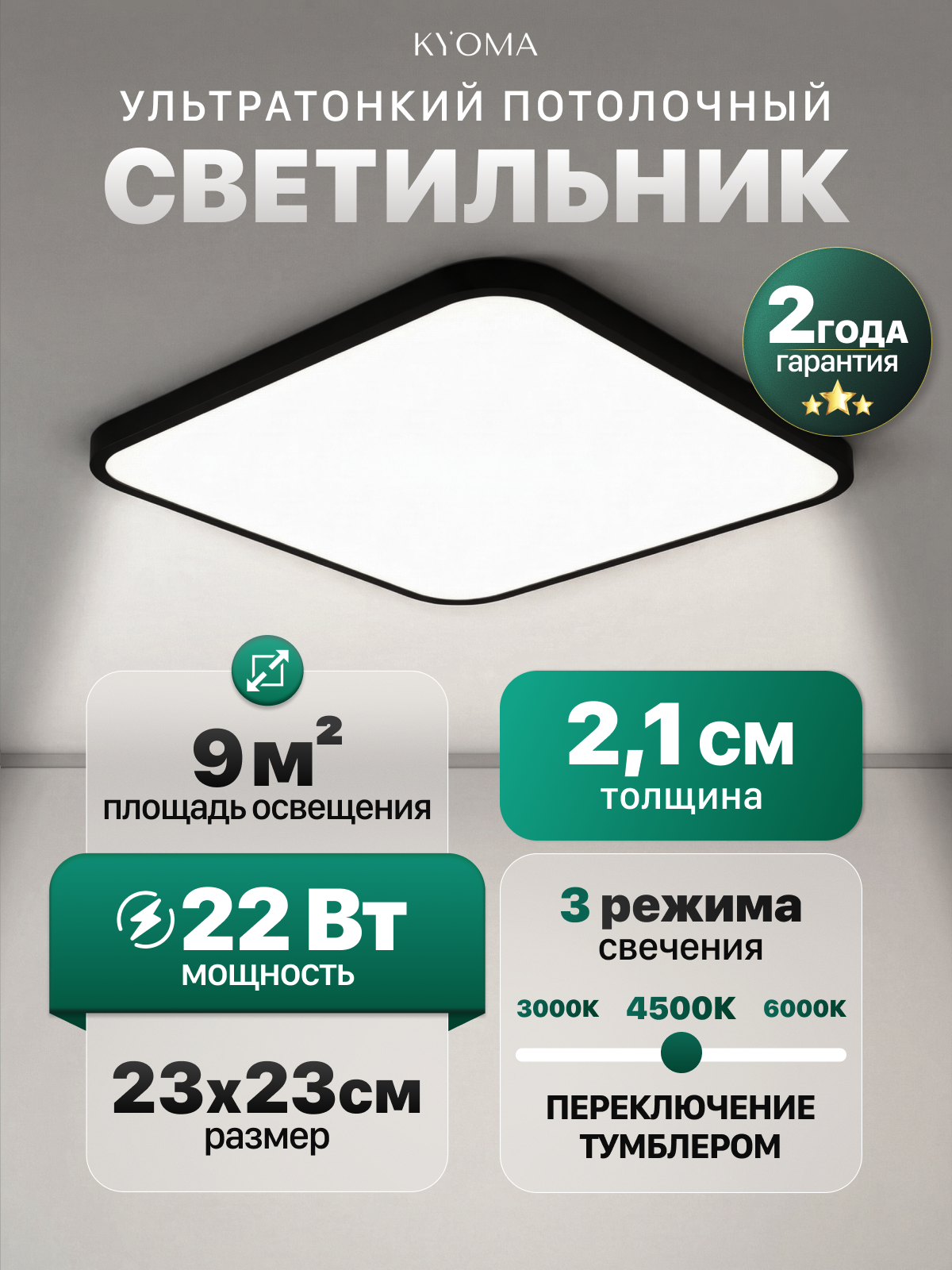 Люстра потолочная светодиодная на кухню, спальню и гостиную, черная, квадратная 23см